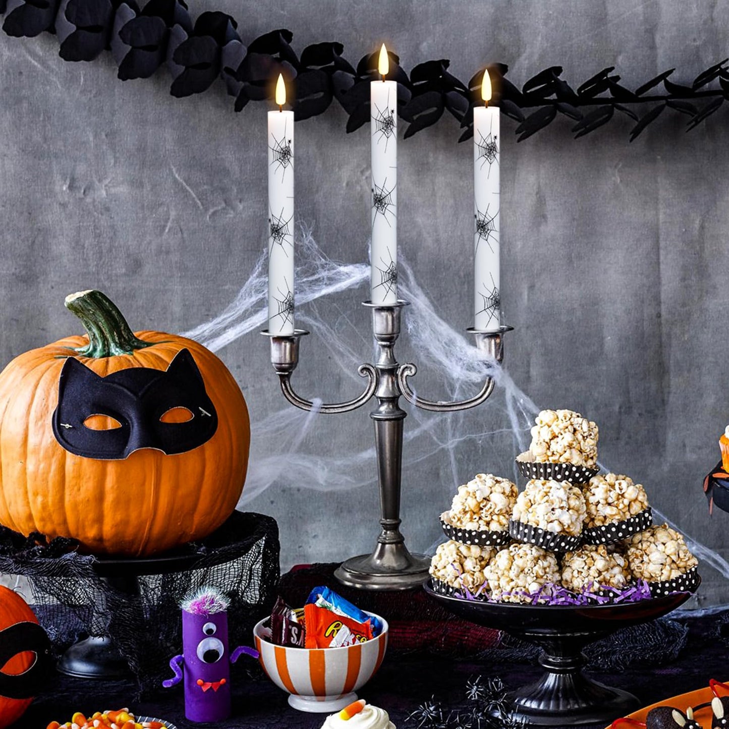 GenSwin Real Wax Flameless Taper Candles, 4 Pack Halloween LED Taper Candles Battery Operated with Remote Timer, Flameless Candlesticks with Spider Web Prints for Halloween Decoration (0.75” x 9.65”)