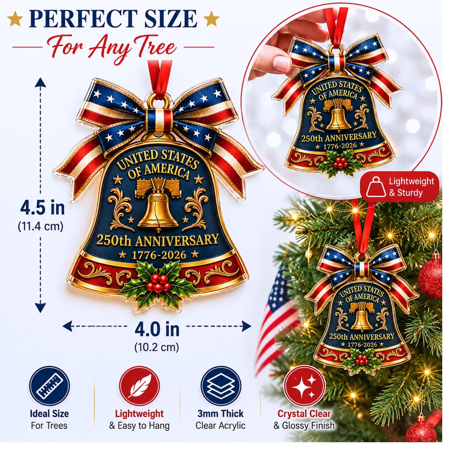 250 Anniversary Ornament 1776-2026, 2D Acrylic 250th Merchandise, USA America Anniversary Christmas Ornament, Fourth of July Decorations, Patriotic Decor, American Birthday Gifts