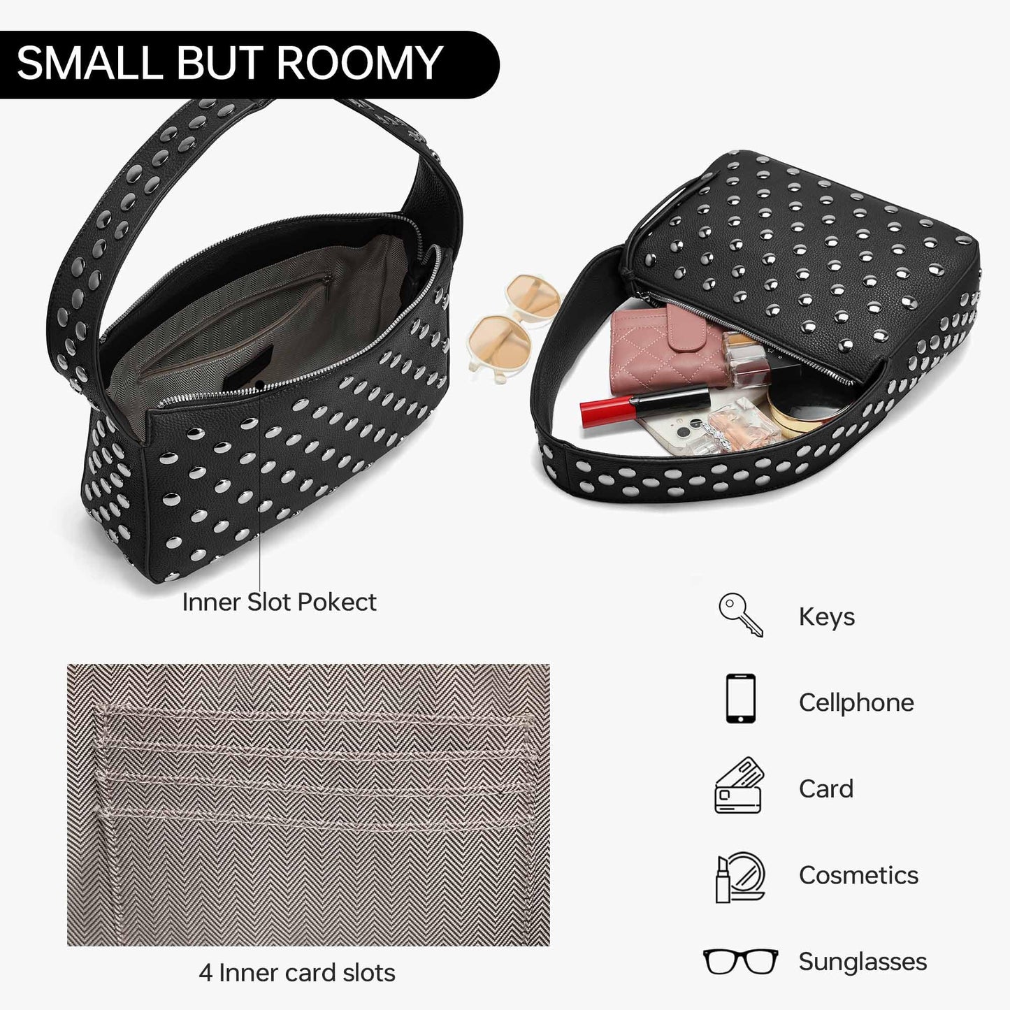 Kiss Sea Studded Handbag for Women Studded Leather Purse Trendy Shoulder Bag for Daily & Party Use Black