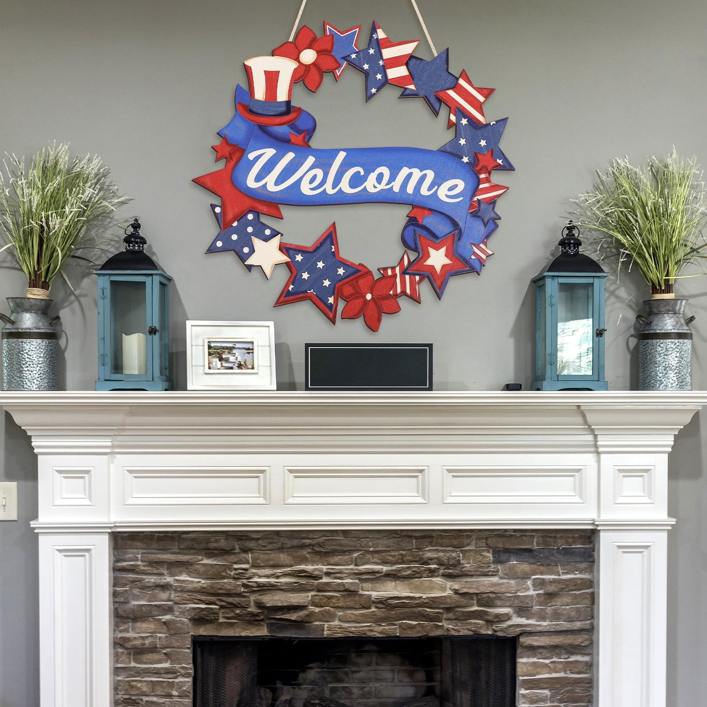 4th of July Decorations Wooden Welcome Sign, Wooden American Flag Star Wreath, Outdoor Wall Hanging for Front Porch, Veterans Day Home Decor (4th of July)