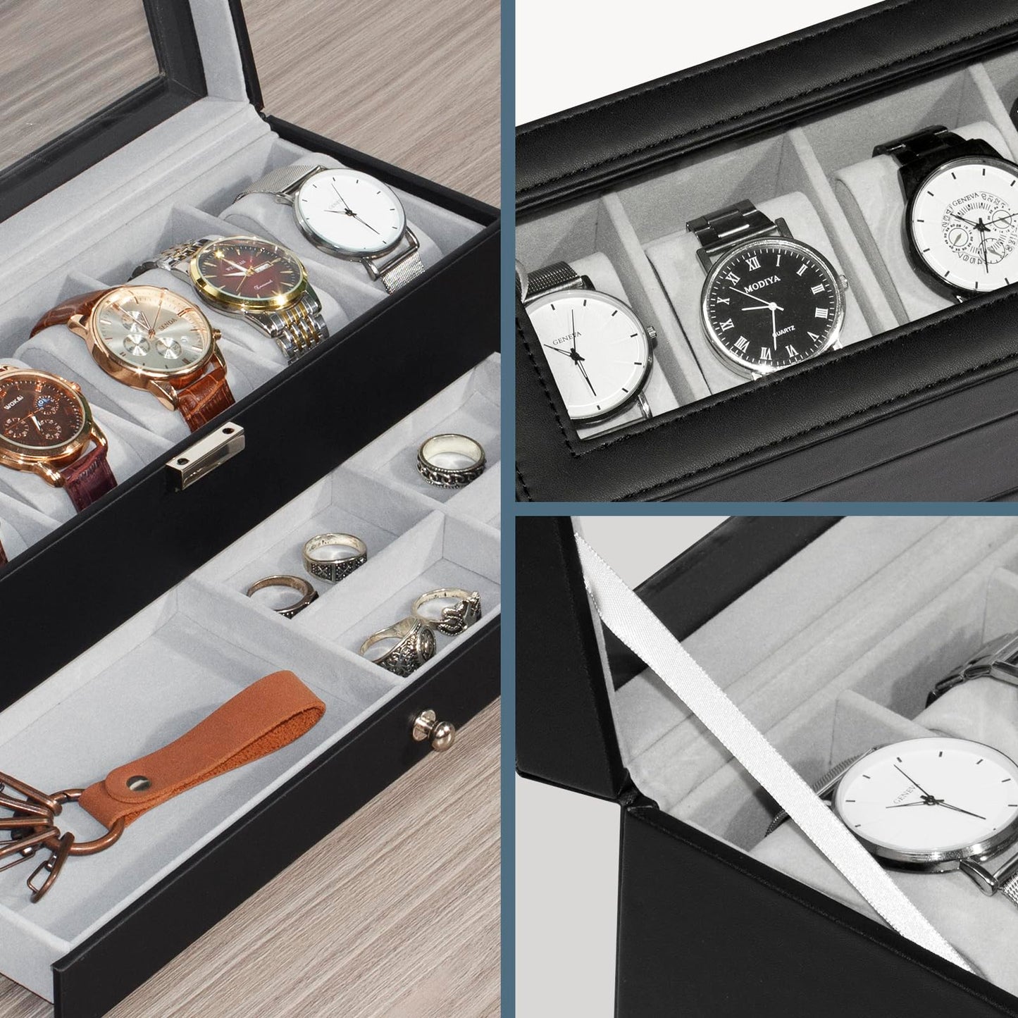 GLOBAL KA Watch Box for Men 6 Slot,Double Layer Mens Watch Case Display Organizer with Real Glass Top,Large Holder for 50mm Watches,PU Leather Jewelry Drawer Storage Valet Tray for Men,Black