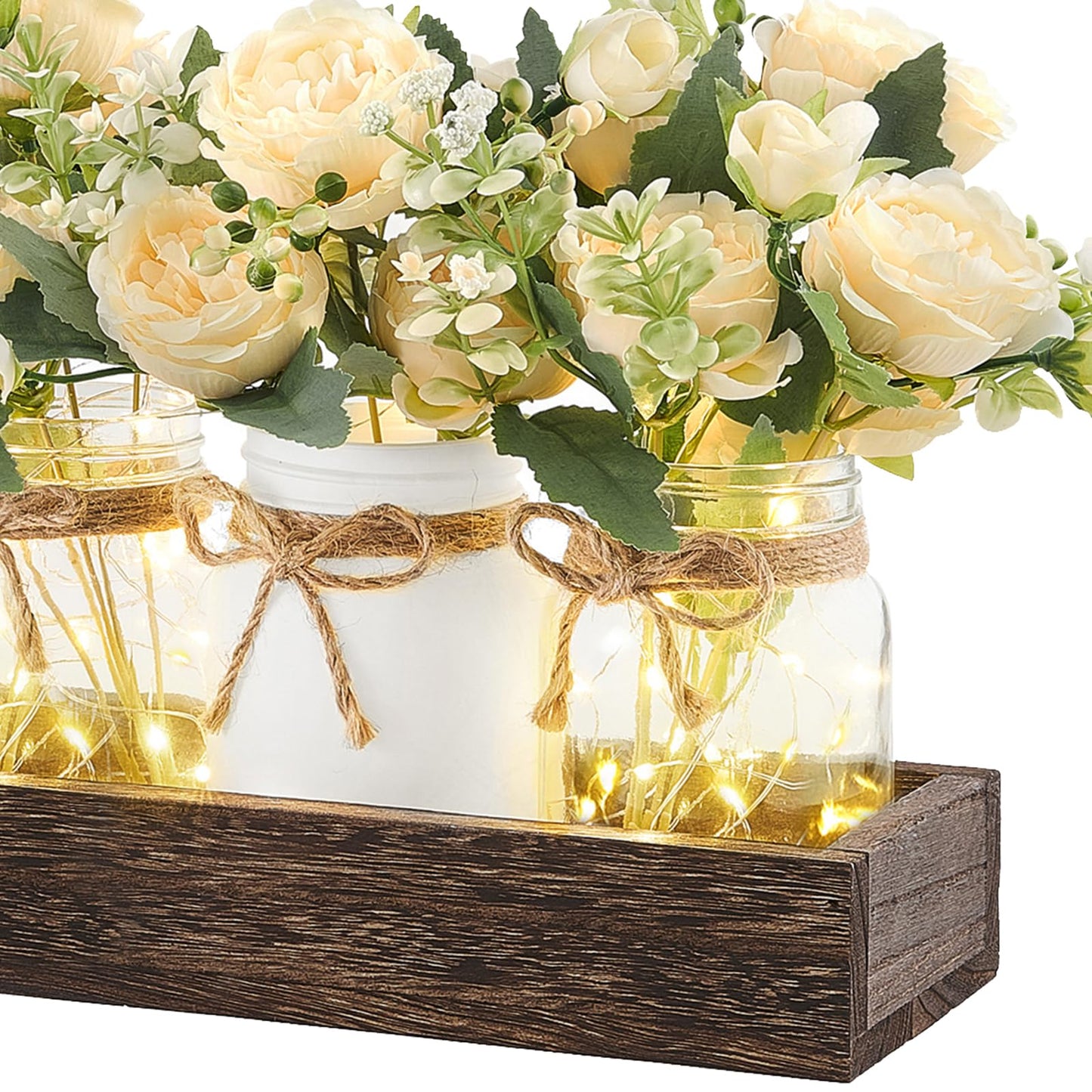 Mkono Mason Jar Lights Centerpiece Table Decor for Dining Room Farmhouse Wood Tray with Flowers Valentines Day Decoration for Coffee Table Kitchen Living Room Wedding