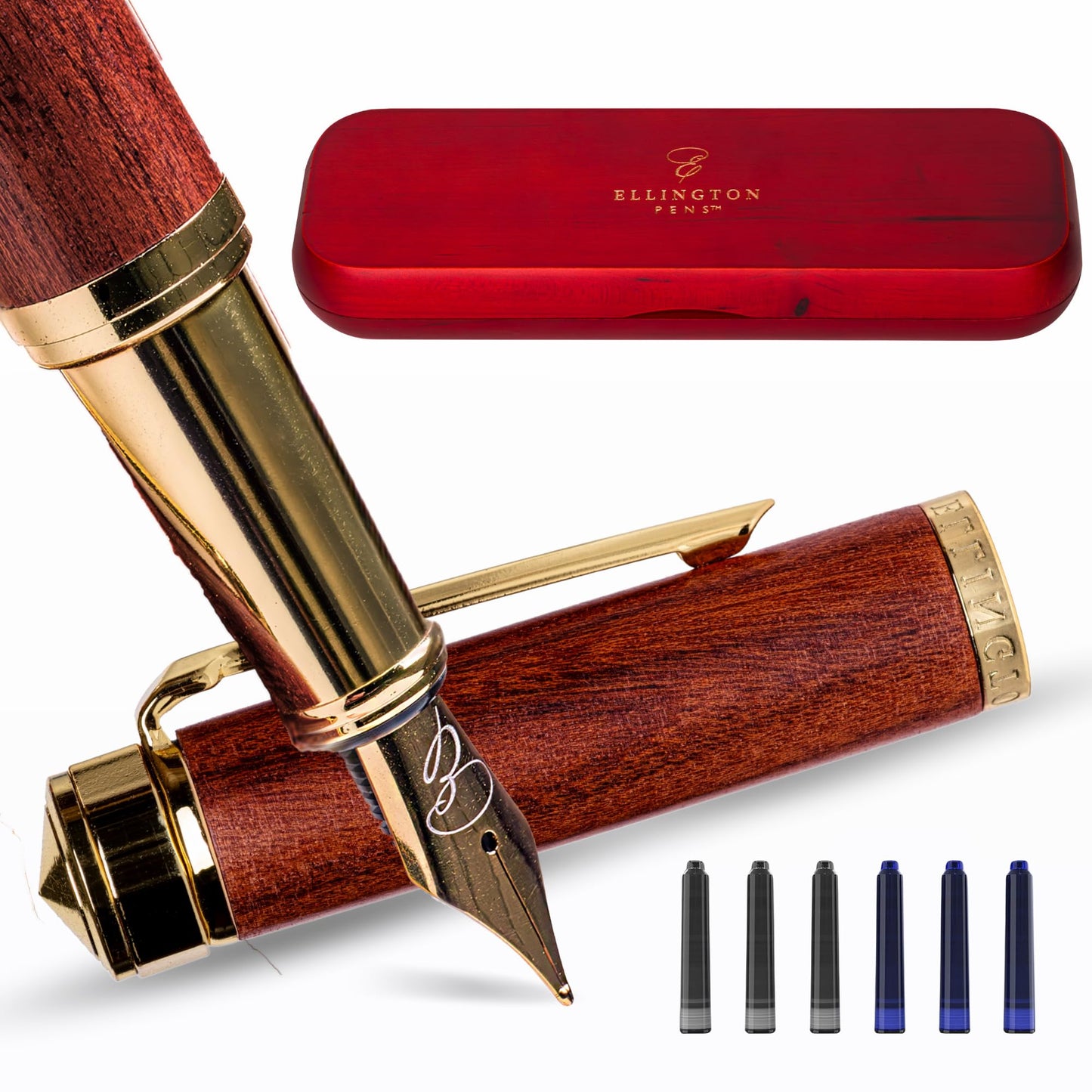Ellington Pens Luxury Wood Fountain Pen Set – Fine Nib - Includes 6 Ink Cartridges, Wooden Pen Gift Box, Ink Converter - Wood Pen For Writing, Calligraphy, Journaling, Drawing (Rosewood Radiance)