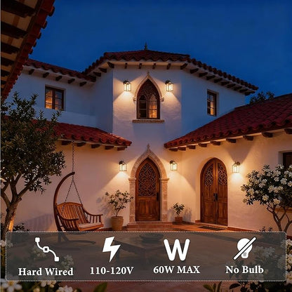 Dusk to Dawn Outdoor Wall Lights 2-Pack, Black Exterior Light Fixtures with Clear Glass, Waterproof Modern Porch Sconce Lanterns for Garage, Patio, Front Door, House (E26 Bulb Not Included)