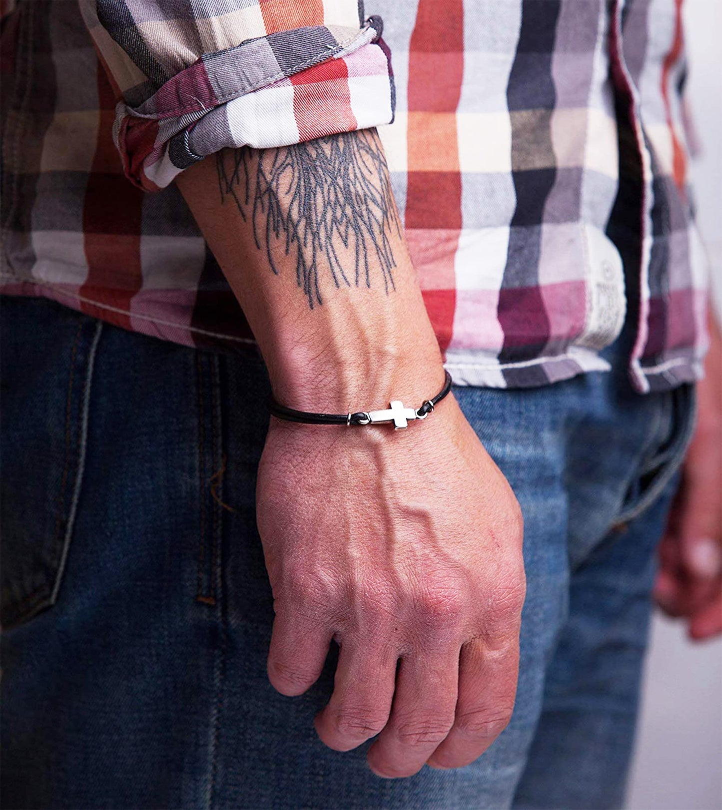 BeGenuine Store Mens Cross Bracelet Genuine Leather and Stainless Steel Sideways Cross Charm Adjustable Unisex Model