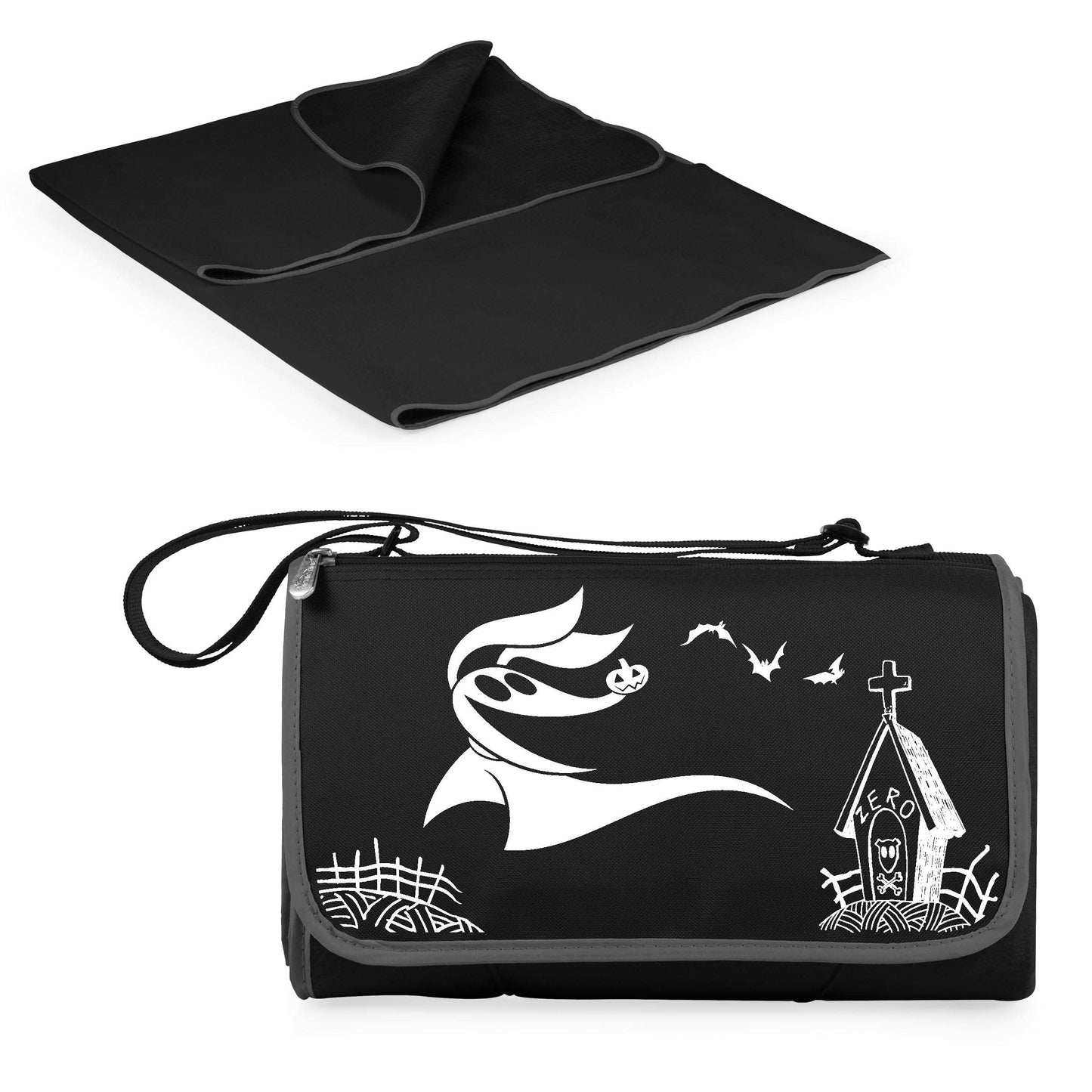 Picnic TIME Disney Nightmare Before Christmas Zero Blanket Tote Picnic Blanket, Folding Outdoor Beach and Camping Blanket with Carry Tote and Zipper Pocket, Water Resistant Fleece, (Black)