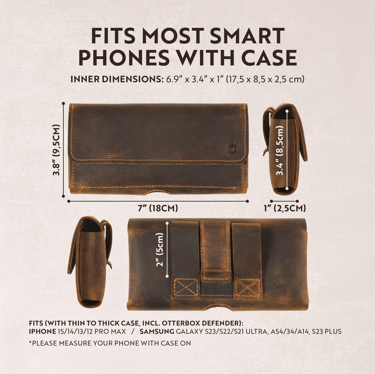 Moonster Leather Phone Holster – Genuine Full-Grain Leather for iPhone 17/16/15/14 Pro Max & Plus, Galaxy S25/S24 Ultra – Slim Belt Clip Phone Pouch with Magnetic Closure, Fits Thick Cases – 7” x 3.5”