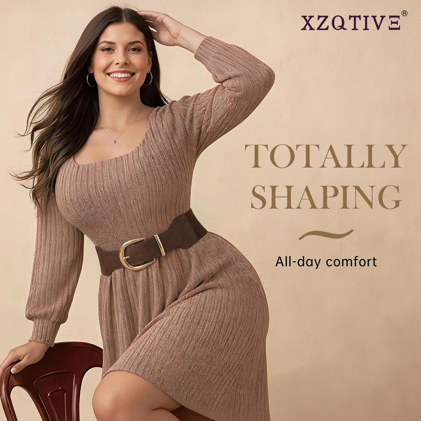 XZQTIVE Women Wide Elastic Waist Belt for Dresses Fashion Cinch Belts Stretchy Waistband with Gold Buckle, Chocolate Brown(Fit Waist Size 34"-37")