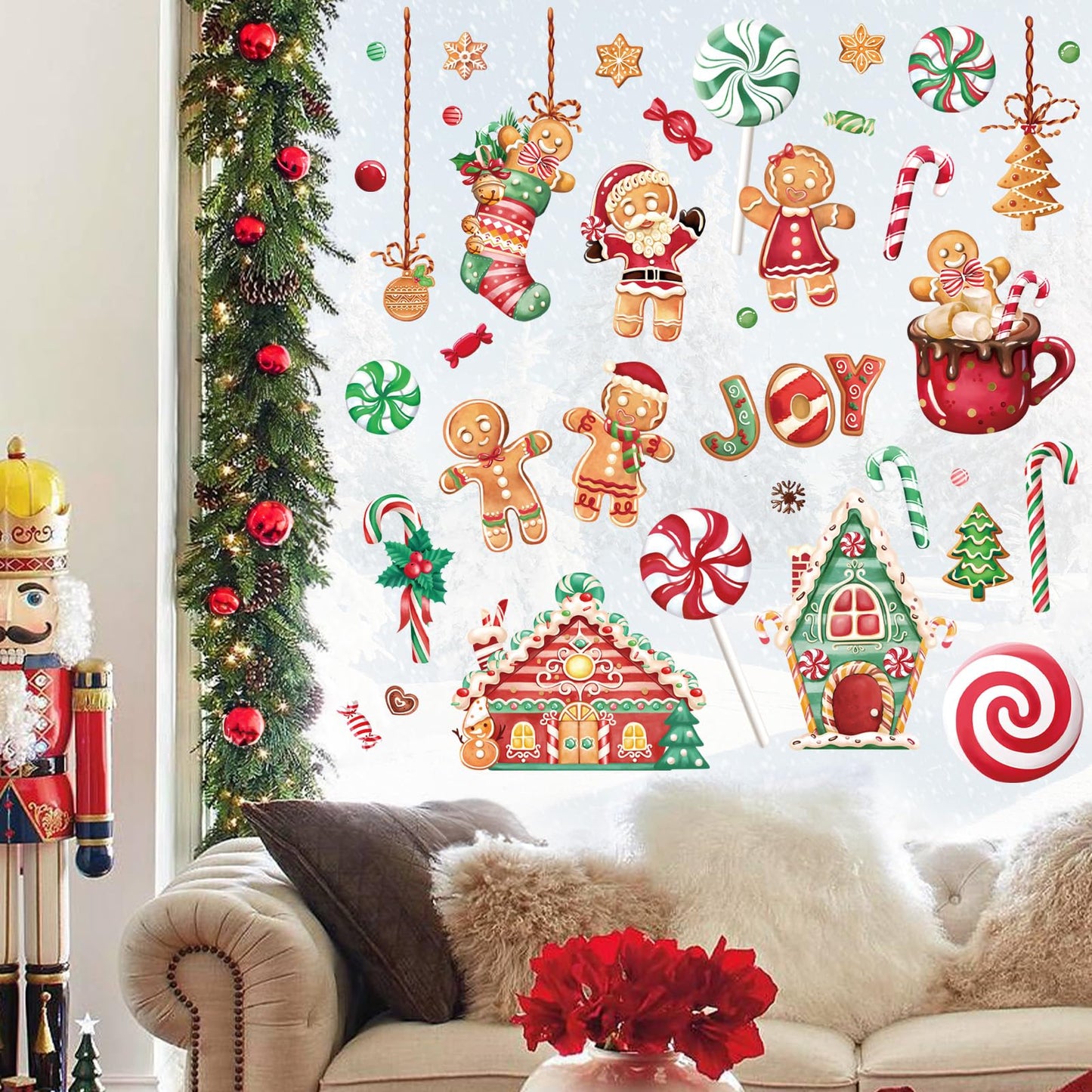 Wondever Gingerbread Man Wall Stickers - Peppermint Candy Cookie & Christmas Window Wall Art Decals for Party & Kitchen