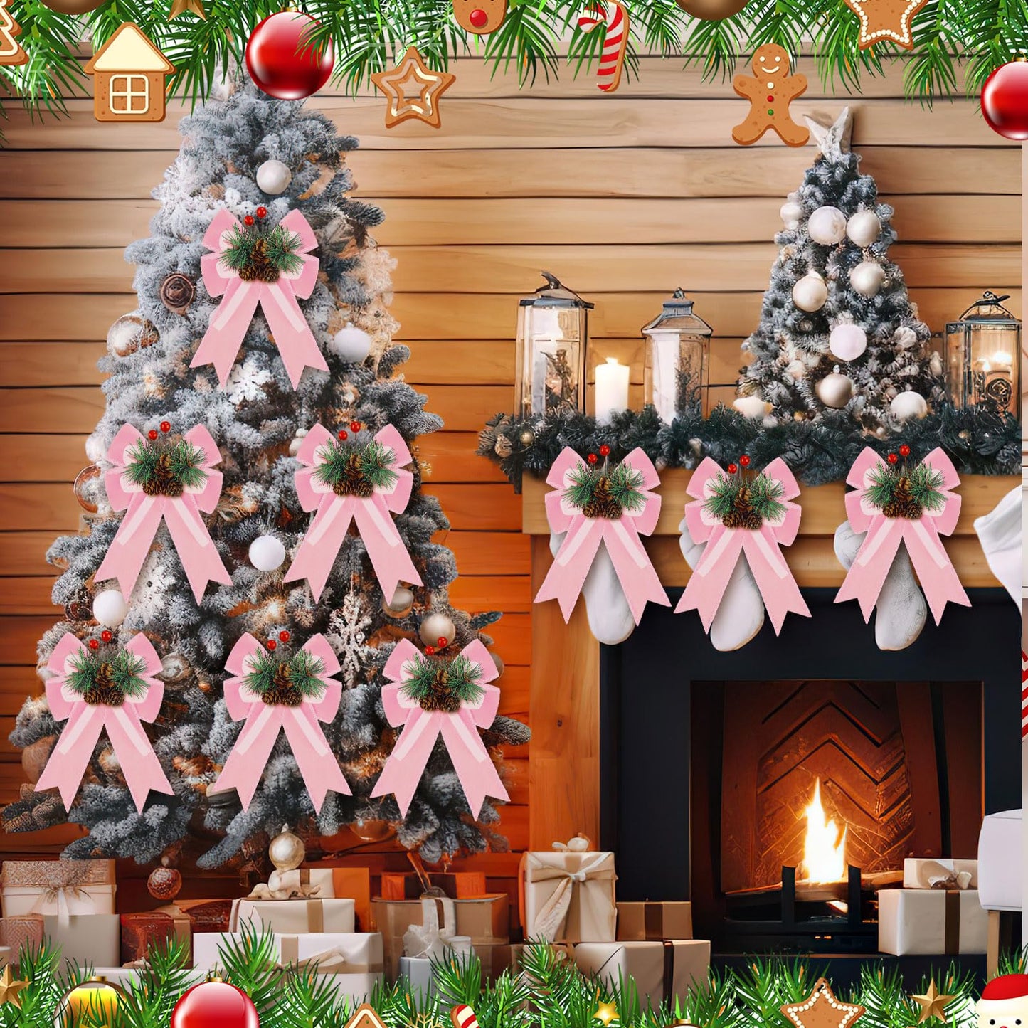 Syhood 6 Pcs Christmas Velvet Bow with Pine Cones Pine Needles Berries Xmas Pink Ribbon Bow Ornaments 6.3 x 5.1 Inch for Christmas Tree Wreath Garden Fireplace Crafts DIY Decor