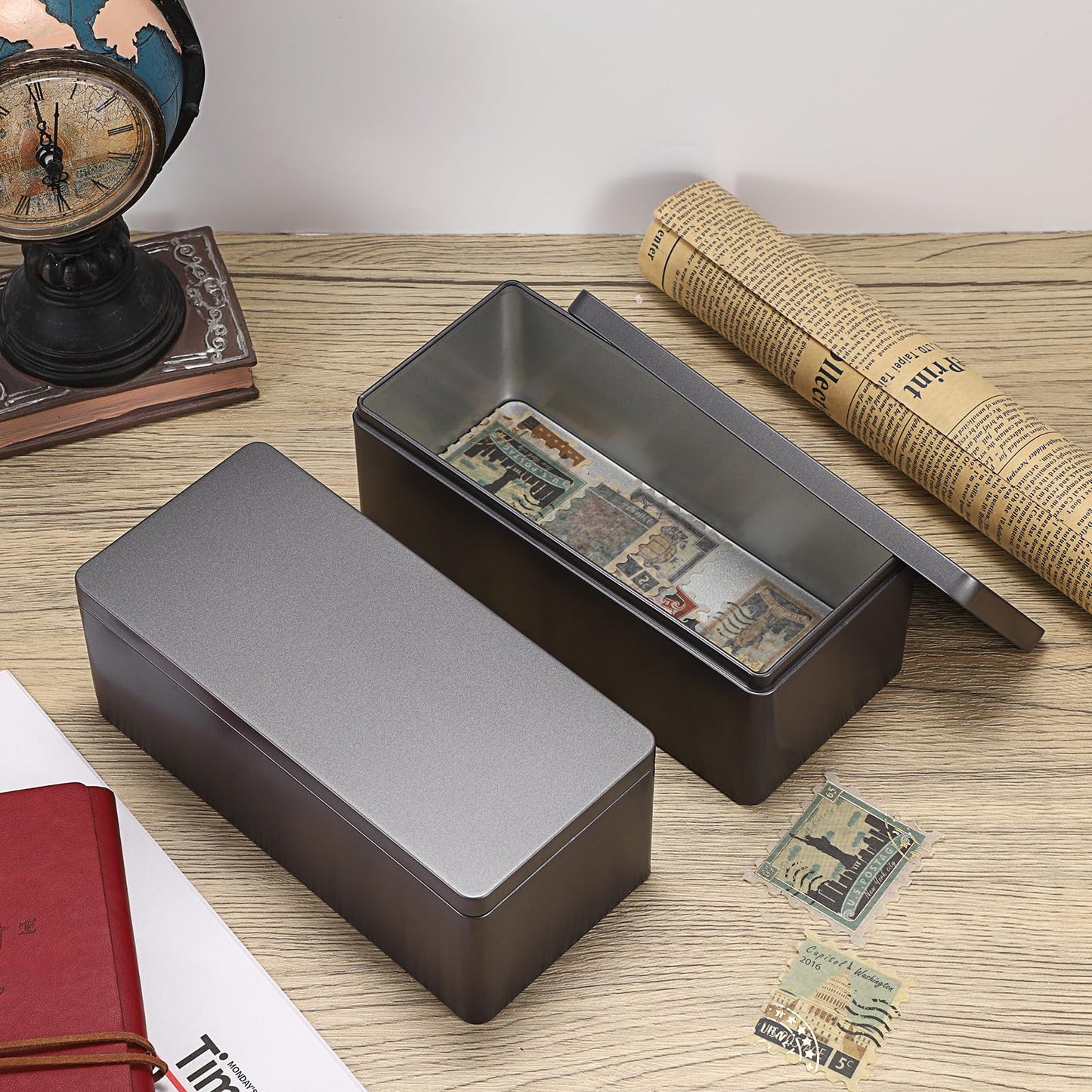 Hipiwe 2 Packs Black Metal Cash Box Rectangular Money Organizer with Lid Currency Storage Box Empty Box Container for Coin Bill Dollar Stamp Jewelry