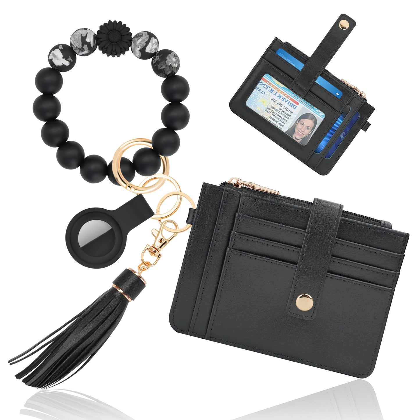 Sunpour Wristlet Wallets for Women Cute Keychain Wallet with AirTag Holder RFID Small Credit Card Holder Boho Beaded Wallet Keychain Wristlet（Black）