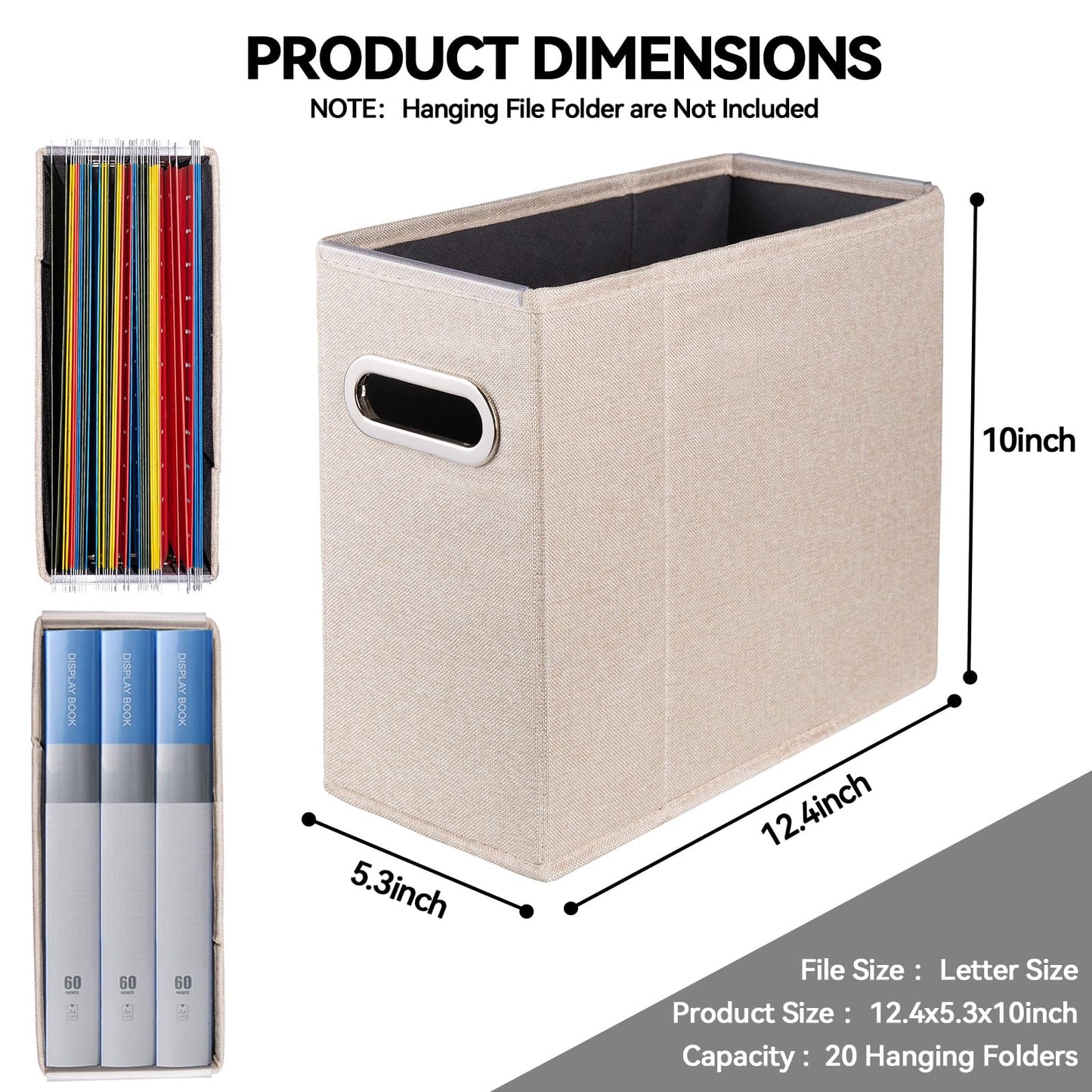 ComfortKeeper 4 Packs Letter Size File Organizer, File Folders Organizer, Fabric Storage Box, Collapsible Paper Organizer with Metal Handle, Smooth PVC Rails, Only Box (Beige)