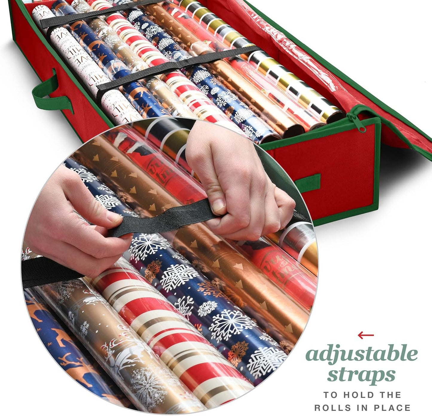 Premium Wrapping Paper Organizer Storage | Gift Wrap Holder With Extra Pockets for Christmas Decorations, Reinforced Handles, Heavy Duty, Ultra-Durable, Tear-Proof Fabric - Fits Up to 27 Rolls (Red)