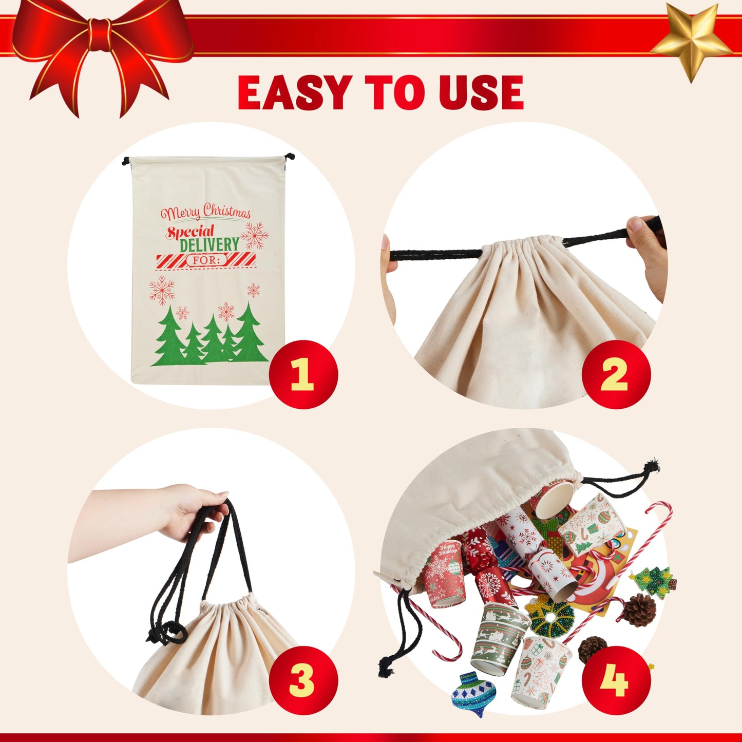JOYIN 3 PCS Christmas Drawstring Santa Burlap Sack 26" x 19", Large Canvas Gift Bag Reusable Personalized Cloth Pouch for Xmas Presents Package, Party Supplies, Hoilday Decoration