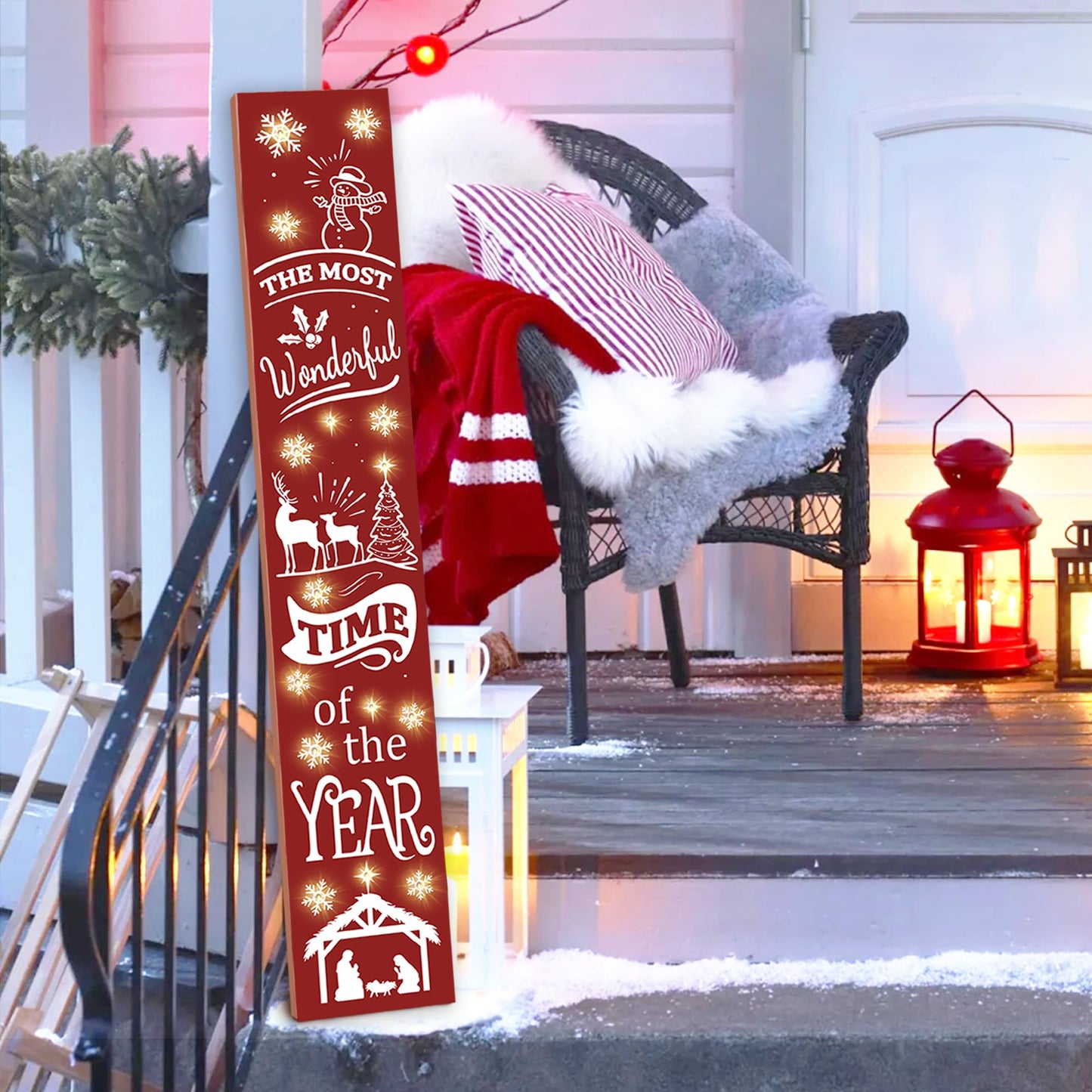 Lighted Wooden Welcome Sign, Merry Christmas Snowflake Elk Porch Sign for Front Door Decorations, Rustic Farmhouse Red Xmas Hanging Signs Wall Sign for Christmas Happy New Year Decor 47.2"H