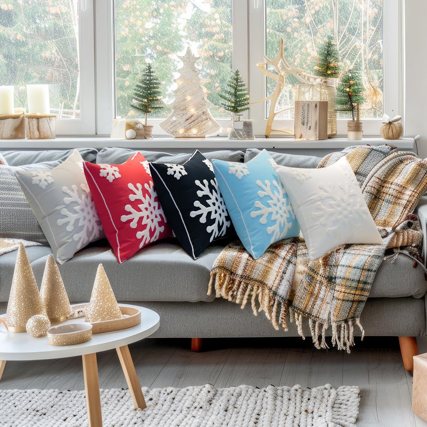 Elife 18x18 Soft Canvas Christmas Winter Snowflake Style Cotton Linen Embroidery Throw Pillows Covers w/Invisible Zipper for Bed Sofa Cushion Pillowcases for Kids Bedding (1 Pair, White)
