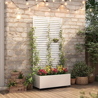 Metal Raised Garden Bed with Trellis & Wheels,72" x 35"x 15.7" Planter Box with Trellis,Privacy Planters for Patio,Garden Bed for Climbing Plants,Suitable for Climbing Plants and Vegetables,White