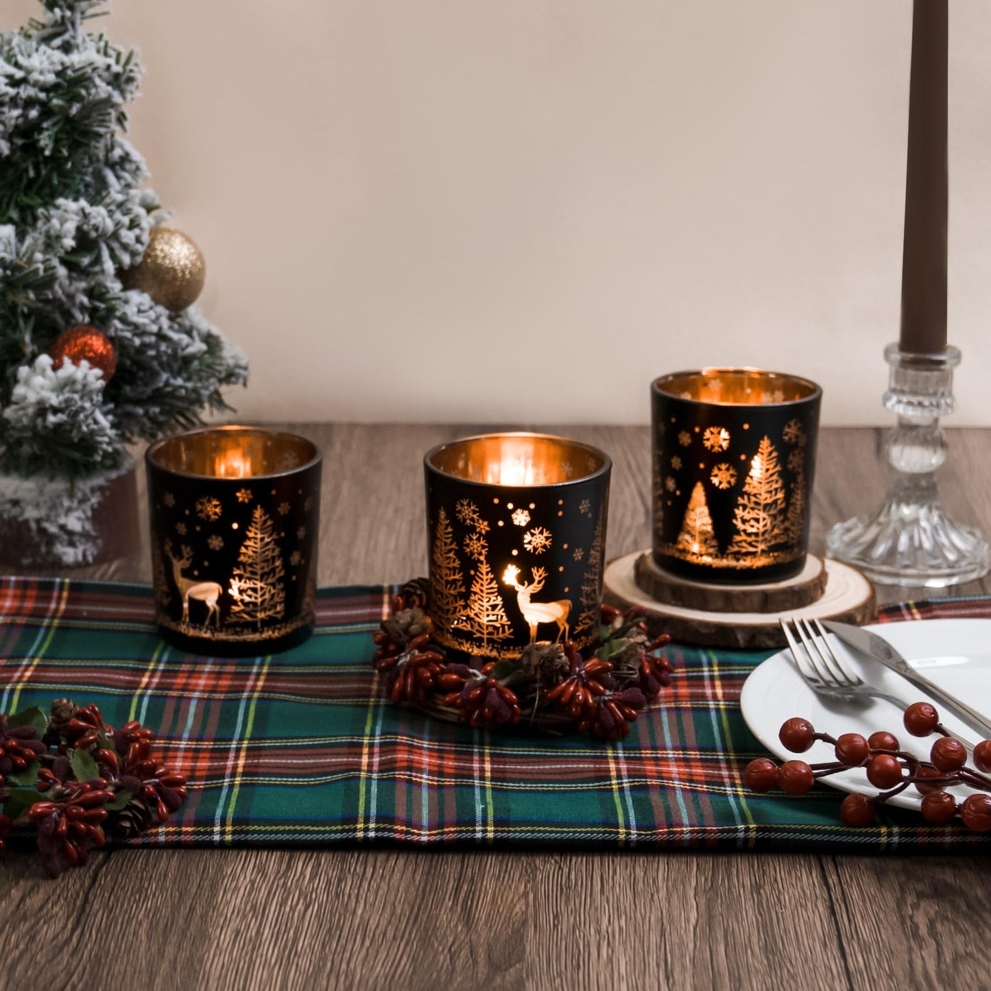 Toptime Votive Candle Holders, Black and Gold Glass Tealight Candle Holder Set of 3, Christmas Candle Holder with Elk, Xmax Tree, Snowflake Pattern, Table Canterpieces for New Year Party Decor