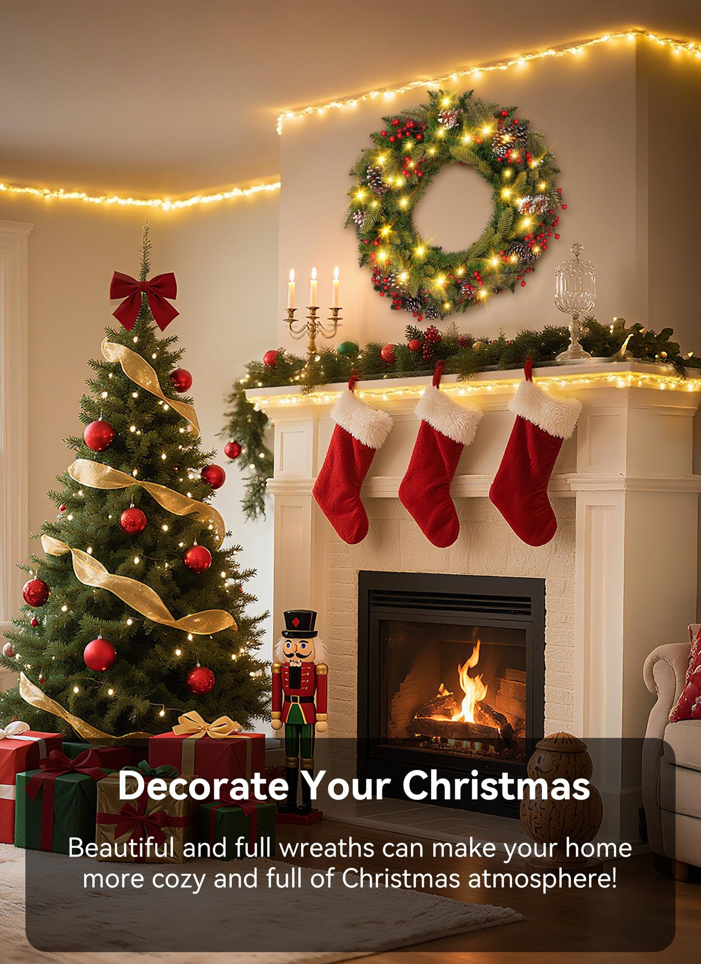 Brightown 24 Inch Pre-Lit Artificial Christmas Wreaths for Front Door,Christmas Decorations Indoor with Pine Cones & Berry Clusters, Christmas Wreath with 50 Lights for Fireplace Wall Window, Plug-in