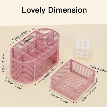 EOOUT Pink Desk Organizer, Pen Holder for Desk and Accessories, Mesh Desk Organizer with 8 Compartments and 1 Drawer for Office Home School Classroom