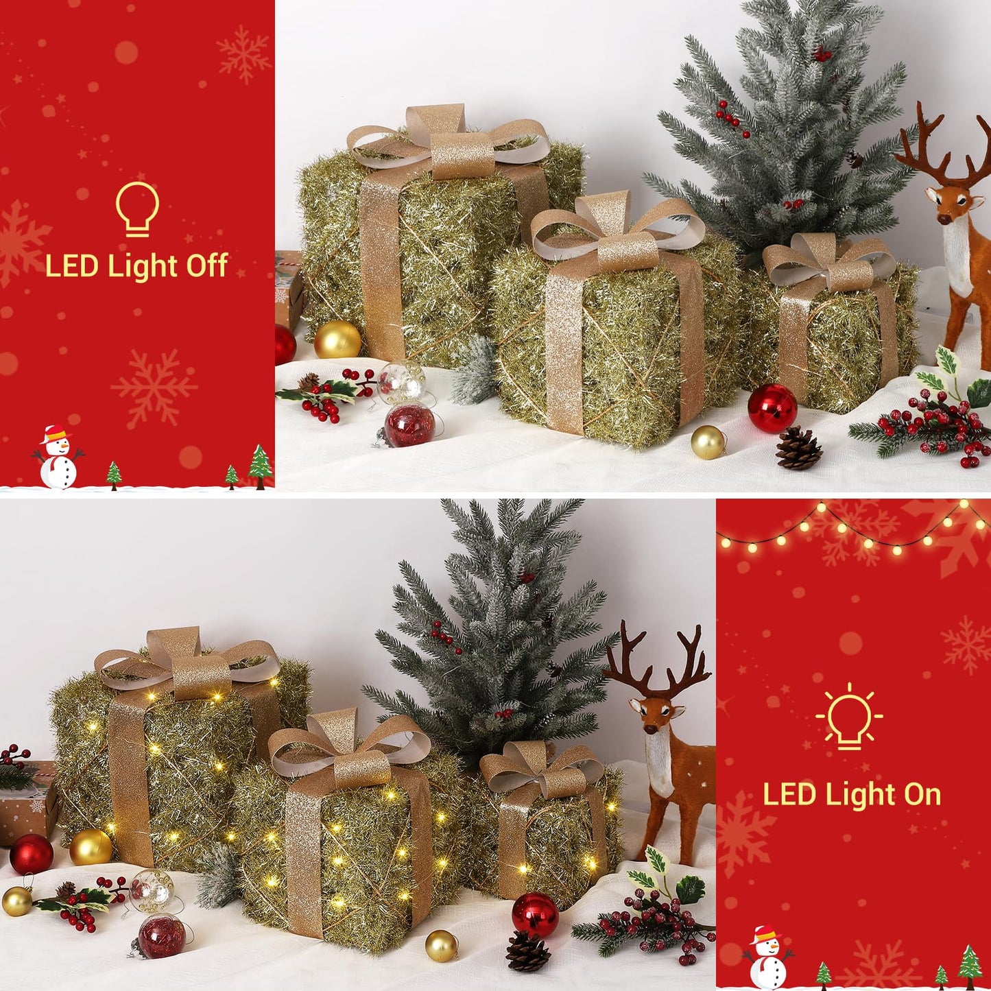 Garveehome Set of 3 Christmas Lighted Gift Boxes, Pre-Lit Gift Present Boxes with Ribbons and Bows, Light Up Xmas Ornaments for Indoor Outdoor Christmas Tree, Home, Yard, Lawn, Gold