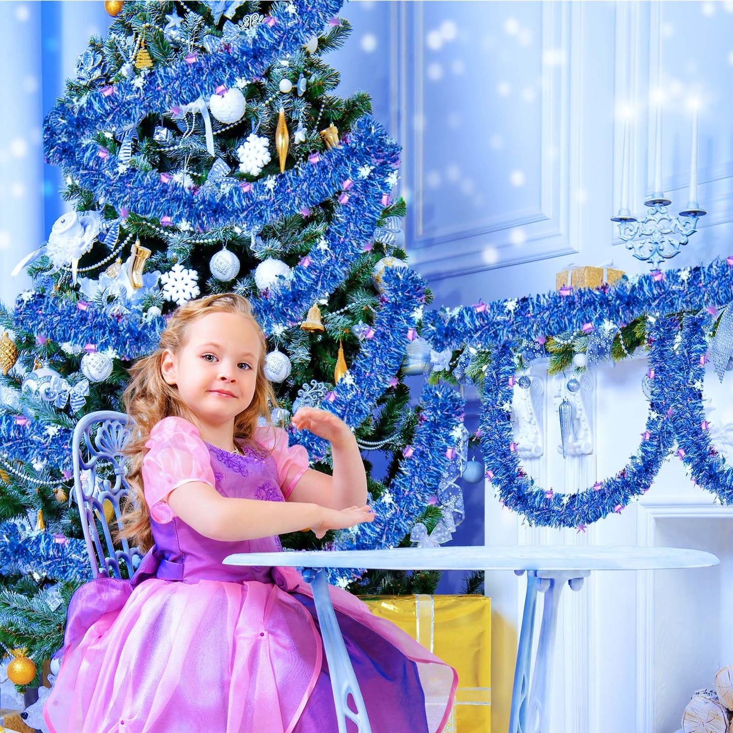 64.6 Feet Blue Purple Snowflakes Tinsel Garland Christmas Glitter Metallic Iridescent Twist Hanging Garland for Xmas Snow Winter Indoor Outdoor Ceiling Wall Tree Birthday Party Decoration