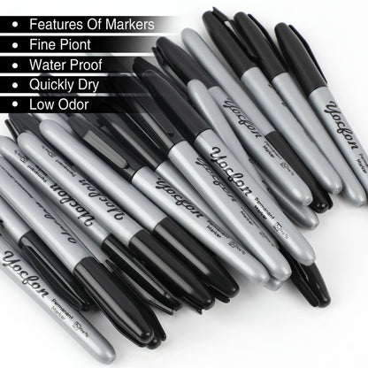 Yocfon Permanent Markers Bulk, 144 Count Black Permanent Markers Set, Fine Tip, Waterproof Markers, Works On Plastic, Wood, Stone And Metal For Doodling, Marking