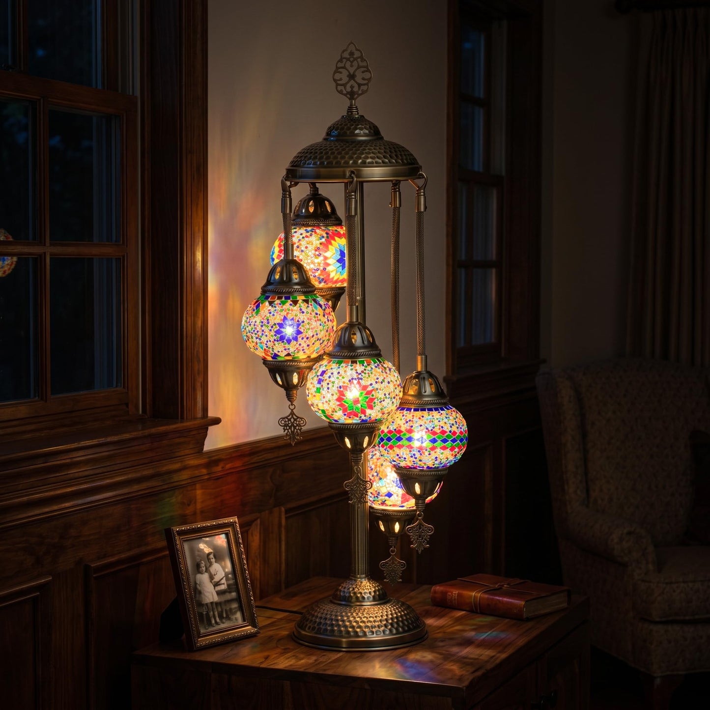 Marrakech Turkish Mosaic Lamp 5 Globes Moroccan Table Lamps with Bronze Base, 31" Tall Handmade Colorful Tiffany Stained Glass Lamp Including LED Bulb for Living Room Bedroom (Mixed Color)