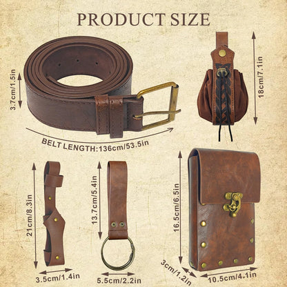 5PCS Renaissance Accessories, Medieval Viking Leather Belt Set Phone Pouch, Waist Bag, Keychain, Fan Case & Belt for Halloween Cosplay LARP Ren Faire Pirate Costume Accessories, Brown