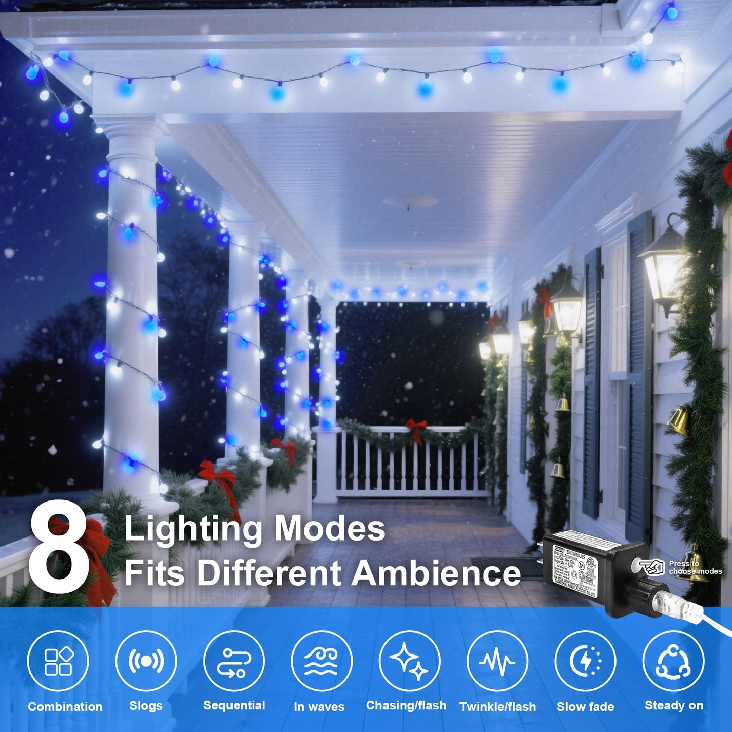 MYGOTO Led String Lights 500LED 165 ft Indoor/Outdoor Fairy String Lights 30V 8 Modes Christmas Lights for Home, Christmas Tree, Wedding Party, Room,Wall Decoration, Indoor&Outdoor(Blue+White)