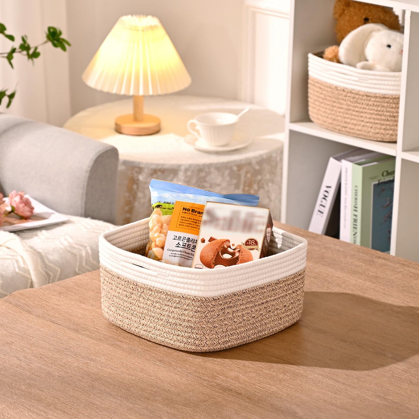 Storage Baskets for Shelves, 2 Pack Shallow Basket - 10.5" x 10.5" x 5.5", Rope Baskets for Organizing Toys, Snacks, Cube Storage Bins for Closet, Bedroom, Nursery, Brown & White