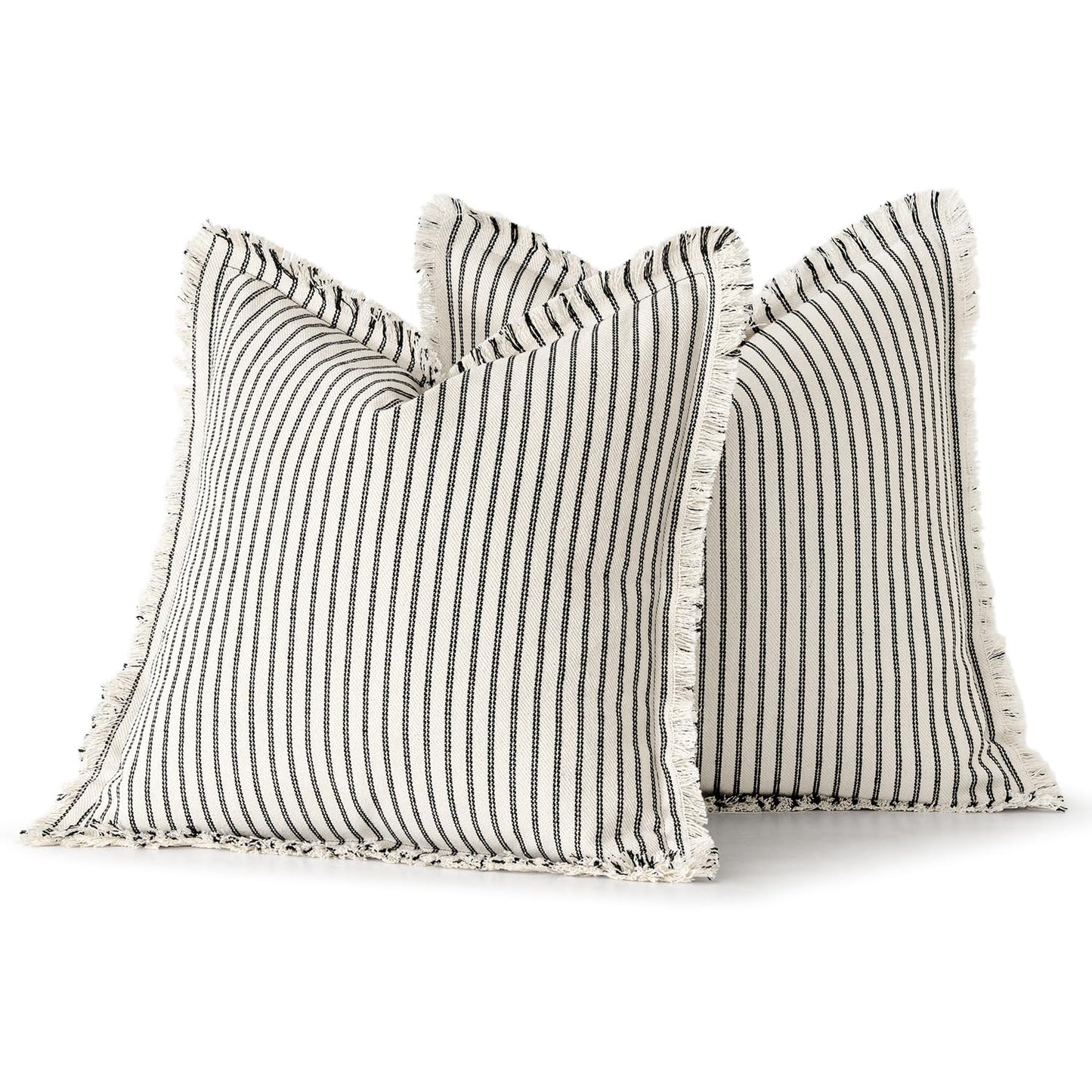 MIULEE Black Pack of 2 Pillow Covers 18x18 Inch Striped Farmhouse Couch Throw Pillow Covers with Fringe Chic Linen Decorative Cushion Covers for Sofa Living Room Bed Outdoor Home Decor