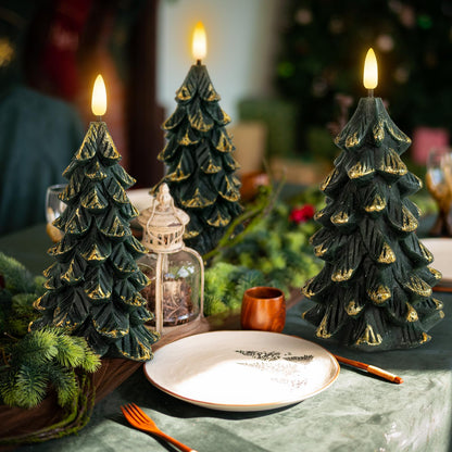 HN HAIINAA Green Christmas Tree Shaped Flameless Candles with Timer, Real Wax 3D Wick Flickering Battery Operated LED Candles for Christmas Home Party Decoration Set of 3