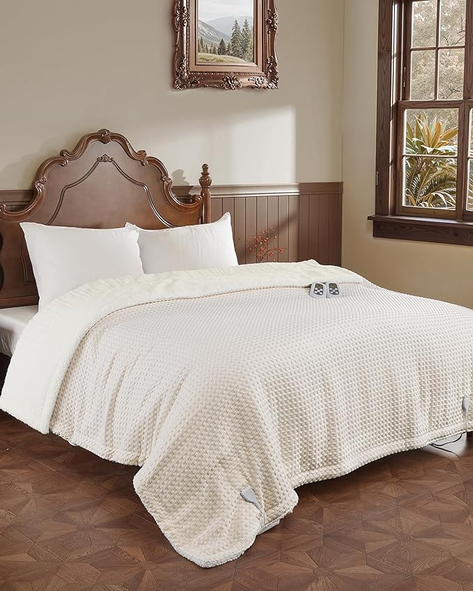 CAROMIO Heated Blanket Full Size, Waffle Weave Electric Blanket Throw with LCD Controller, Fast Heating, 10 Heat Levels & 1-12H Time Settings, ETL Certified, Machine Washable, Beige, 72" x 84"