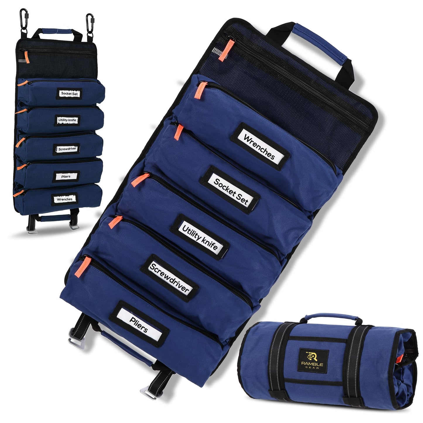 Ramble Gear Roll Up Tool Bag Organizer – Heavy Duty Canvas Tool Roll Bag, Tool Roll Up with 5 Oversized Labeled Pockets & Carabiners, Portable Roll Up Tool Organizer for Mechanic, Truck & Car (Blue)