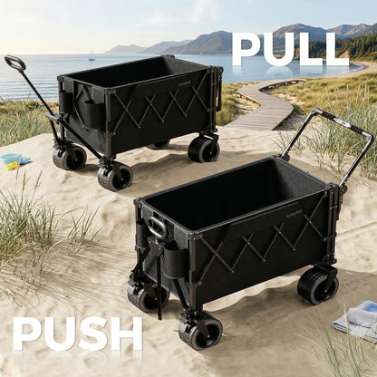 SUNNYFEEL 550LBS Collapsible Wagon Cart - Heavy Duty Push Pull Foldable Wagon with Dual Handles and Big Wheel,Utility Cart with Rear Tailgate for Camping, Fishing, Gardening, Shopping, Black