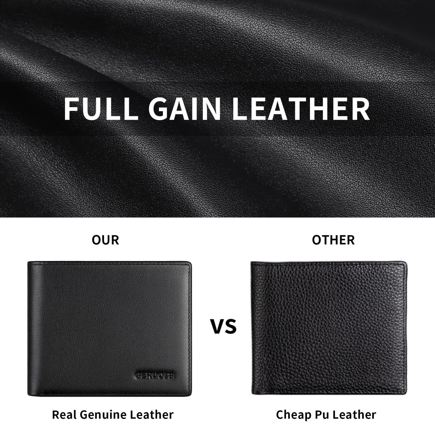 Leather Wallets for Men, Genuine Leather Mens Wallets Bifold Rfid Blocking with 2 ID Windows Bifold Top Flip, Extra Capacity Travel Wallet (Black)