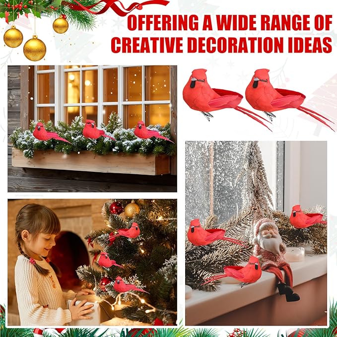 24 Pieces Red Cardinal Ornaments 3.9 Inch Cardinal Clip Artificial Birds Bulk Decorative Realistic Birds for Christmas Tree Decoration Arts Wreaths Craft Seasonal Displays