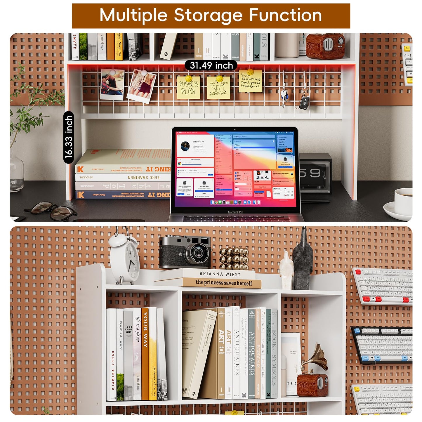 FNBAR Desktop Bookshelf,Countertop Storage Hutch with 3 Shelves for Computer Desk，2-Tier Display Rack with Grid Panel, Multipurpose Wood Desk Hutch Storage Organizer for Home Office Dorm (White)