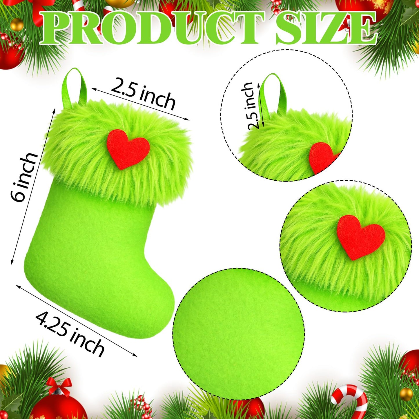 Realspring 24pcs Mini Christmas Stockings 6 Inch Green Faux Fur Xmas Stockings Mini Gift Small Fireplace Hanging Holiday Decorations Xmas Present for Christmas Family Party Tree Fireplace