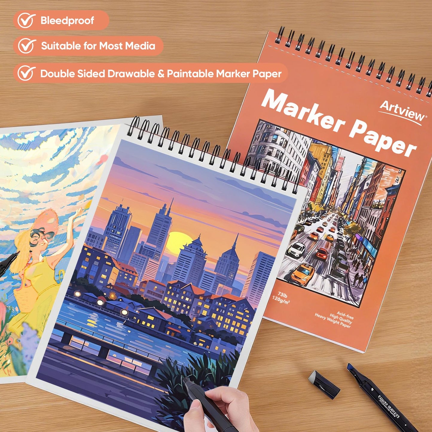 Artview 9" x 12" Marker Paper Pad, 100 Sheets, 73 lb/120 GSM Heavyweight Spiral Marker Paper, Bleed-Resistant for Alcohol Markers, Dual-Sided Drawing & Painting for Adults and Kids