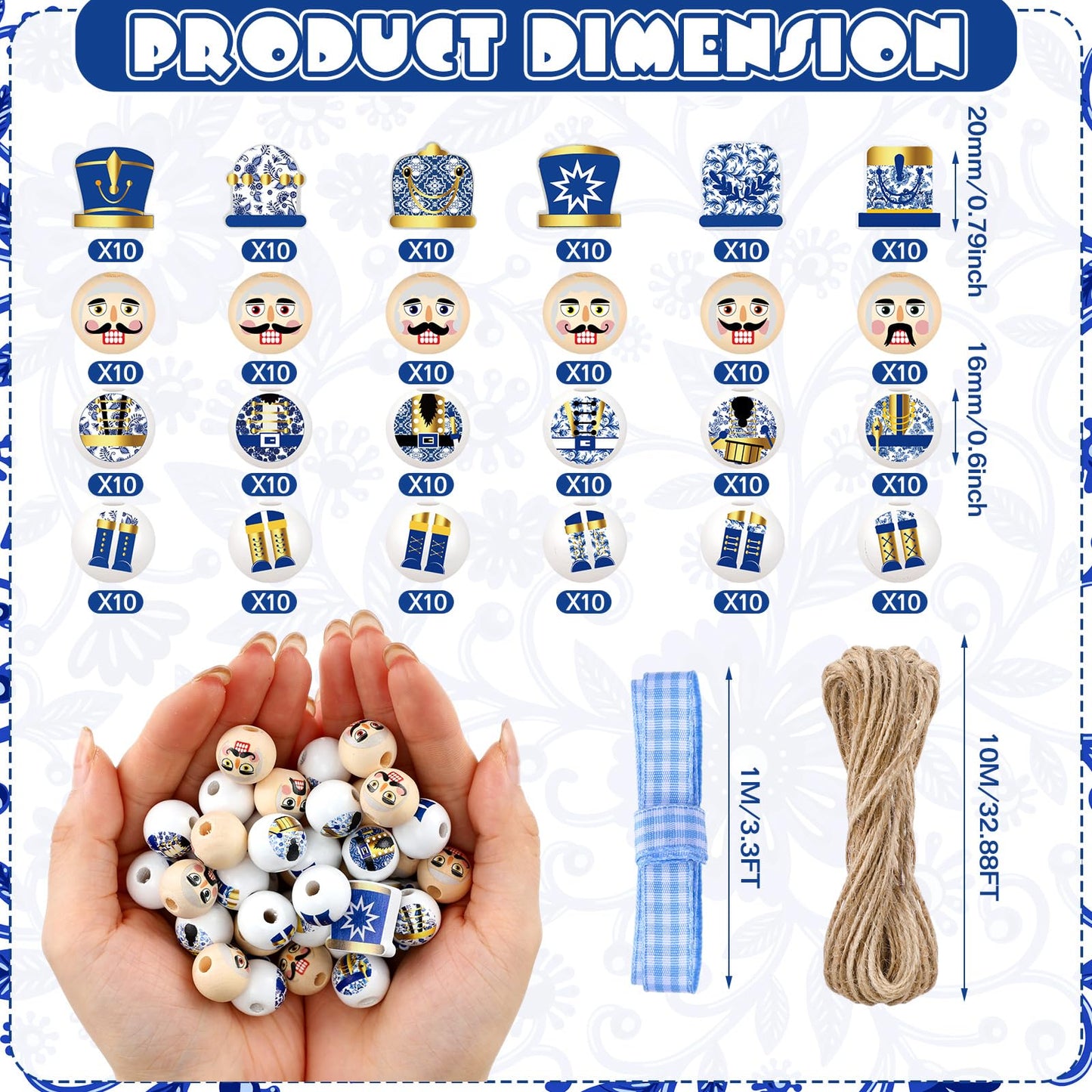 Cinnvoice 240 Pcs Summer Christmas in July Wood Beads with Twine Snowman Gingerbread Man Nutcracker Wooden Bead Garland DIY Crafts Round Beads for Xmas Party Decor(Chinoiserie Nutcracker)
