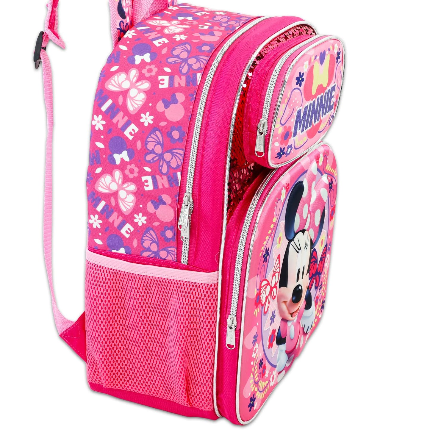 Minnie Mouse School Backpack for Girls - Bundle with 16” Disney Sequin Bag Plus Water Bottle, Stickers, More | Minnie School Supplies for Kids