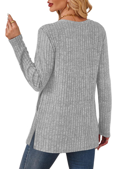SAMPEEL Womens Sweaters Crewneck Long Sleeve Shirts with Pockets Fall Outfits 2025 Fashion Winter Clothing Side Slit