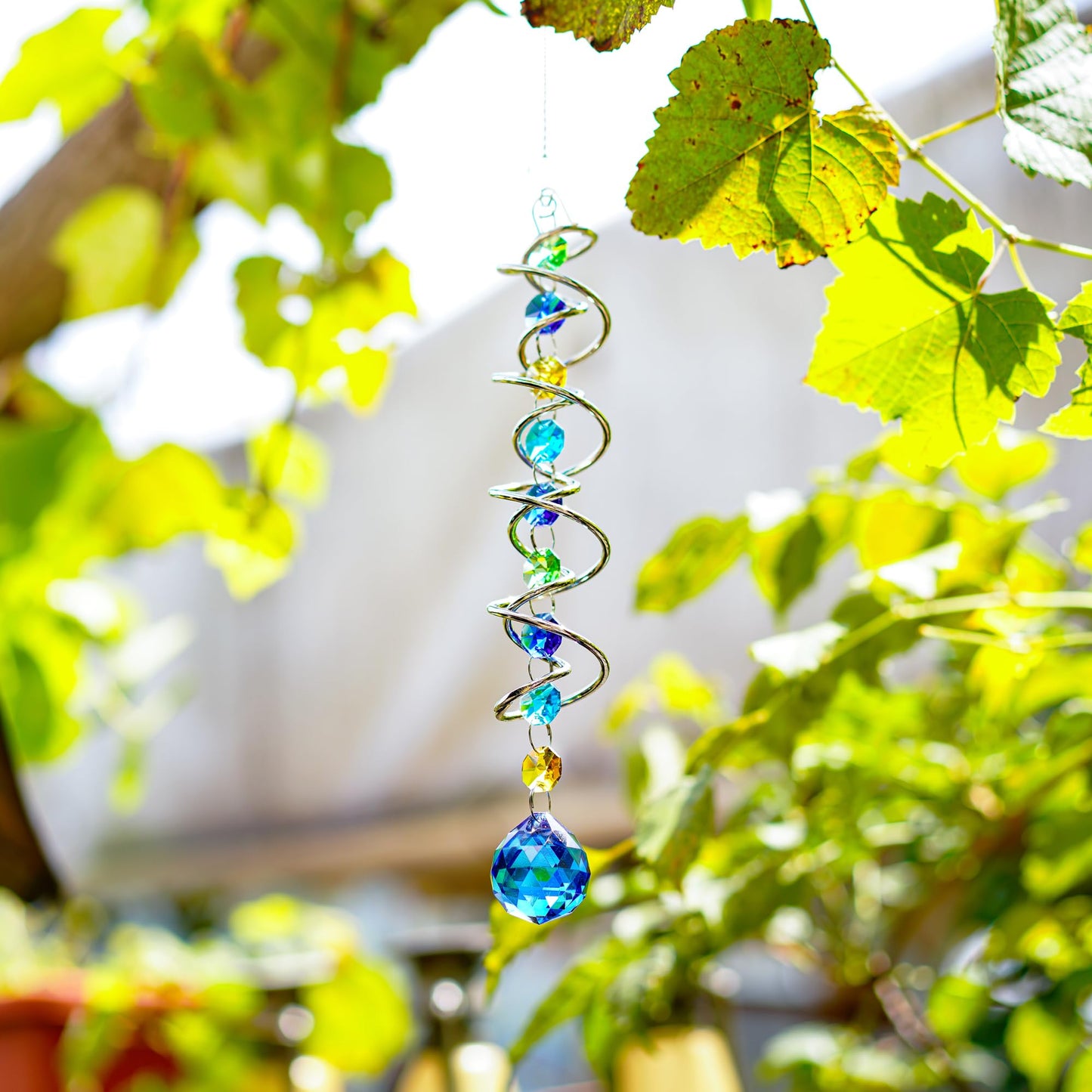 H&D HYALINE & DORA 20.5inch Gazing Ball Spiral Tail,Decorative Wind Spinner Sun Catcher,Rainbow Maker Double-Spiral W/Sea Blue Crystal Ball and Chain,Glass Crystals for Indoor Outdoor Decoration