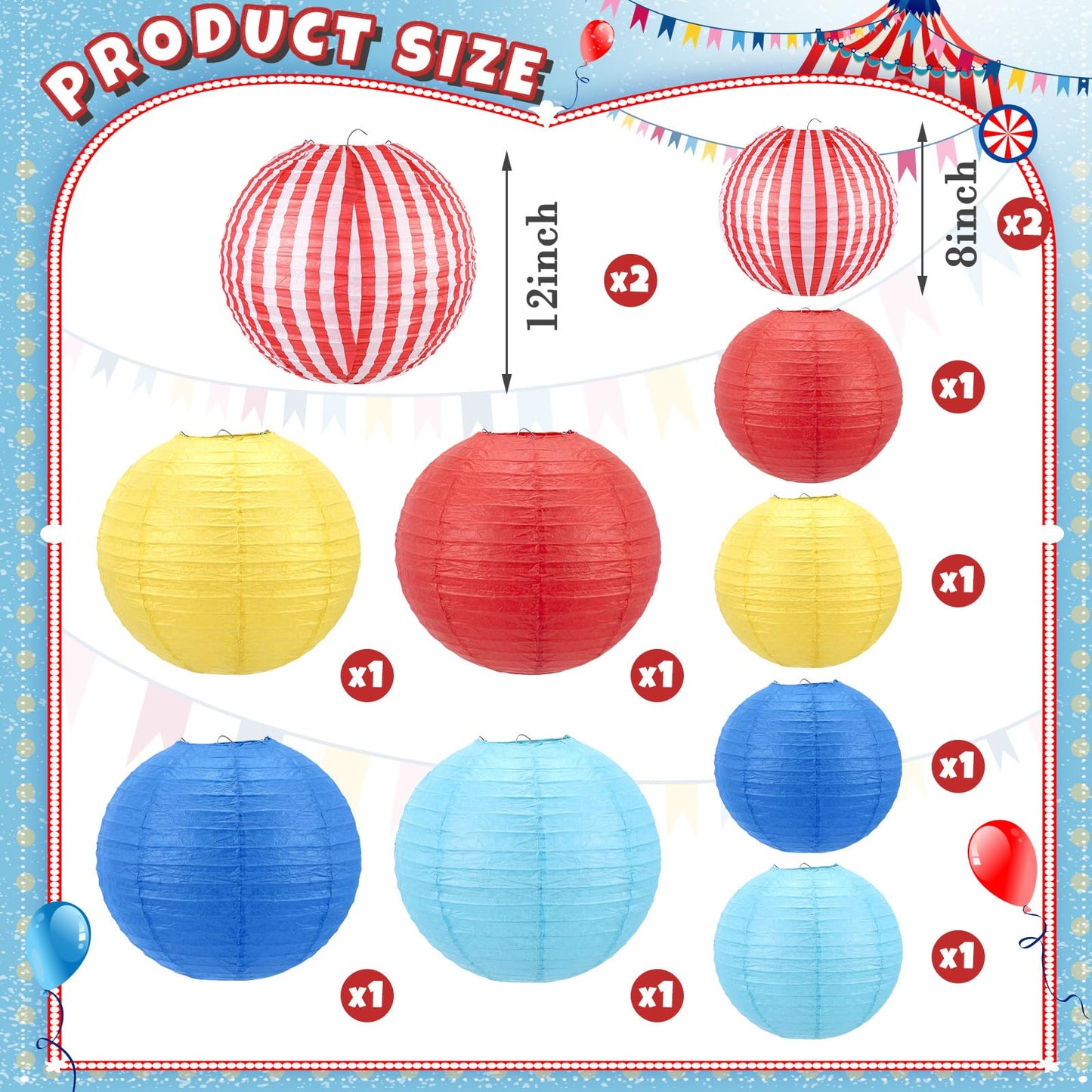 Hortsun 12 Pcs Carnival Circus Decorations Carnival Paper Lanterns Set Red Yellow and Blue Hanging Paper Lanterns for Circus Wedding Birthday Party Baby Shower Home Decoration