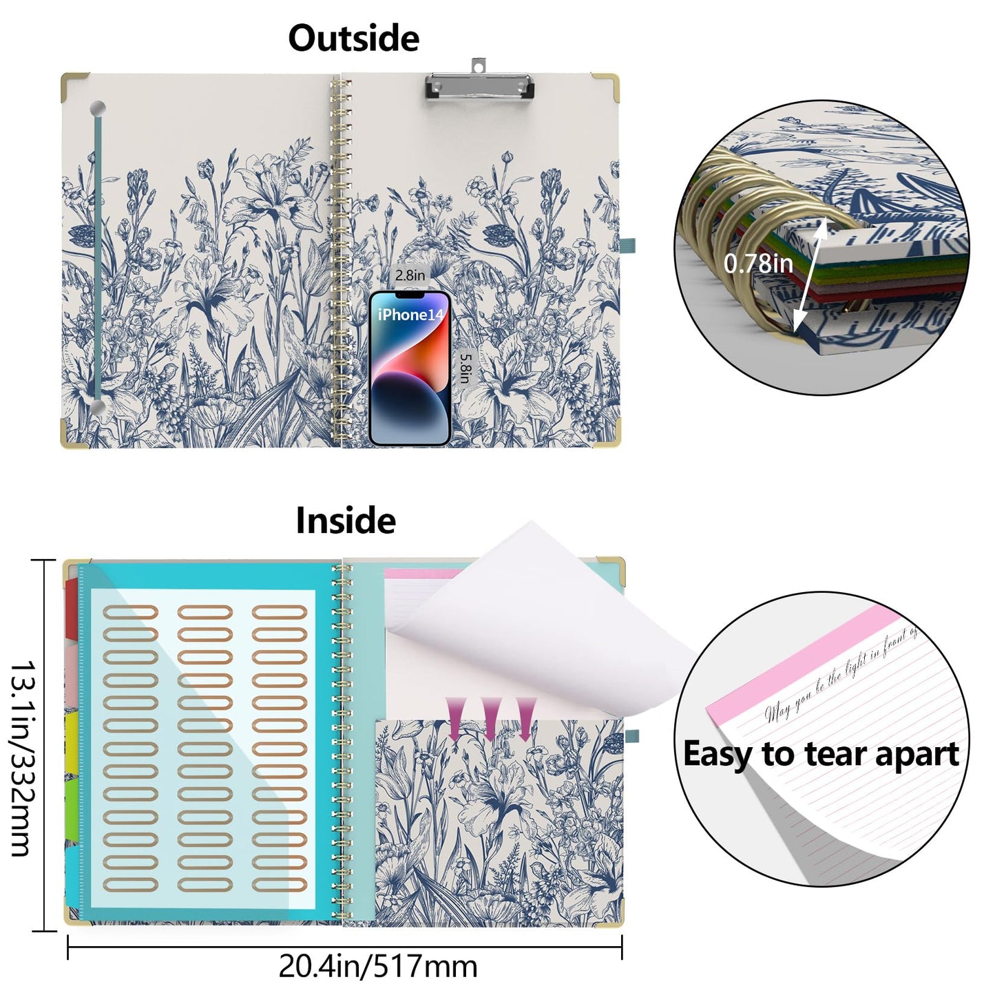 Foldable Clipboard Folio with Storage, 5 Plastic Folders with 10 Pockets,Refillable Lined Notepad (11" x 8.5"), Hardcover Project Organizer Nursing Teacher School Essentials