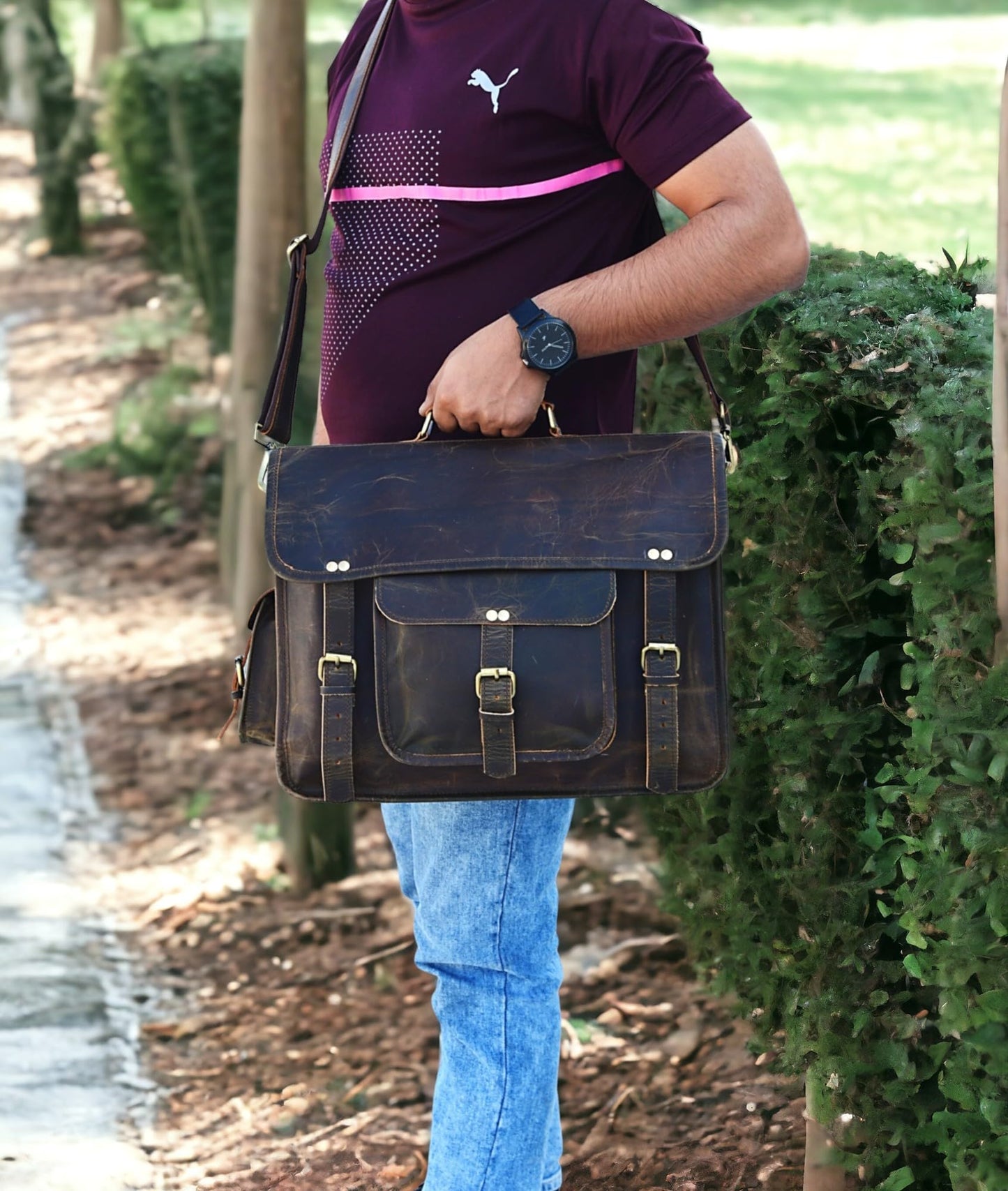 Satchel And Fable 16 inch Leather Messenger bag for men Handmade Vintage Laptop Computer Shoulder Brown Office Briefcase (Dark Brown, 16" L x 12" H x 4" W)