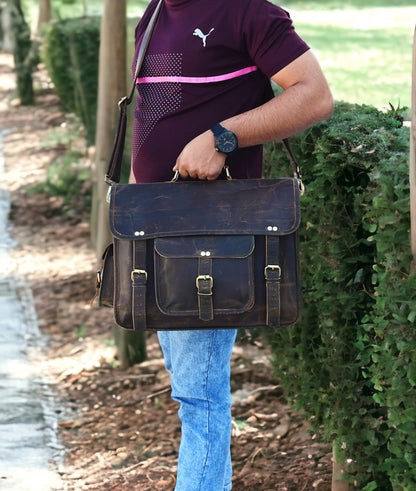 Satchel And Fable 16 inch Leather Messenger bag for men Handmade Vintage Laptop Computer Shoulder Brown Office Briefcase (Dark Brown, 16" L x 12" H x 4" W)